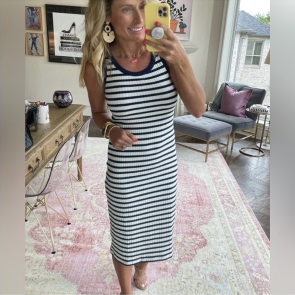 Madewell Striped Ribbed Knit Tank Dress Scoop Midi Navy Blue White Sweater Small